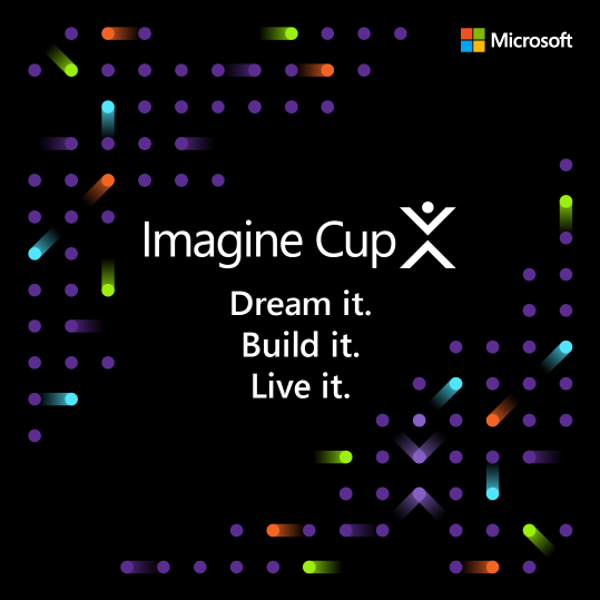 Imagine Cup logo on a black background with a colored dot pattern